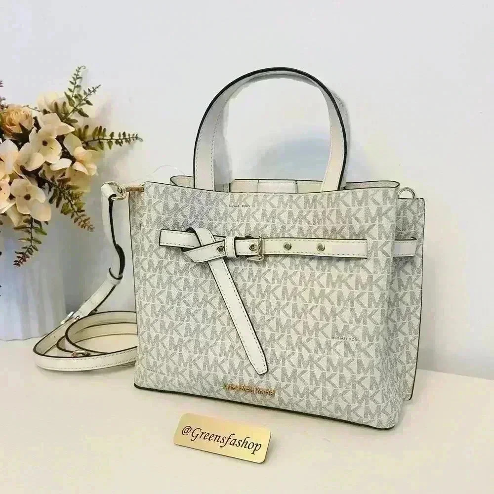 Michael Kors Emilia Small Satchel Crossbody Bag Light Cream MK Signature - Picture 2 of 11